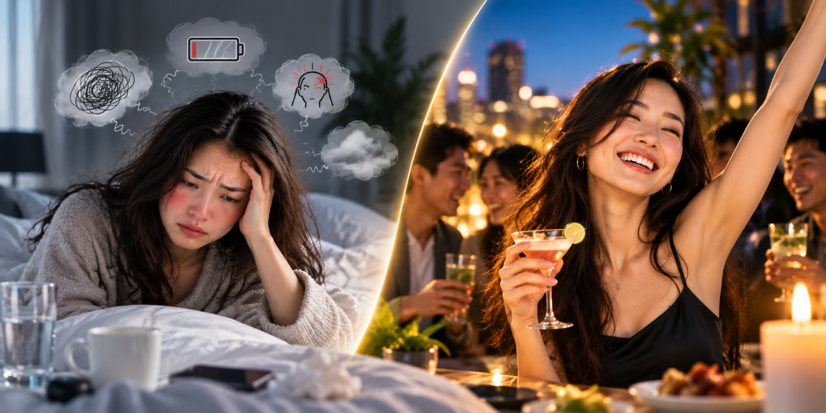Woman experiencing alcohol-related brain fog and headache at home contrasted with her enjoying a lively evening out with friends.