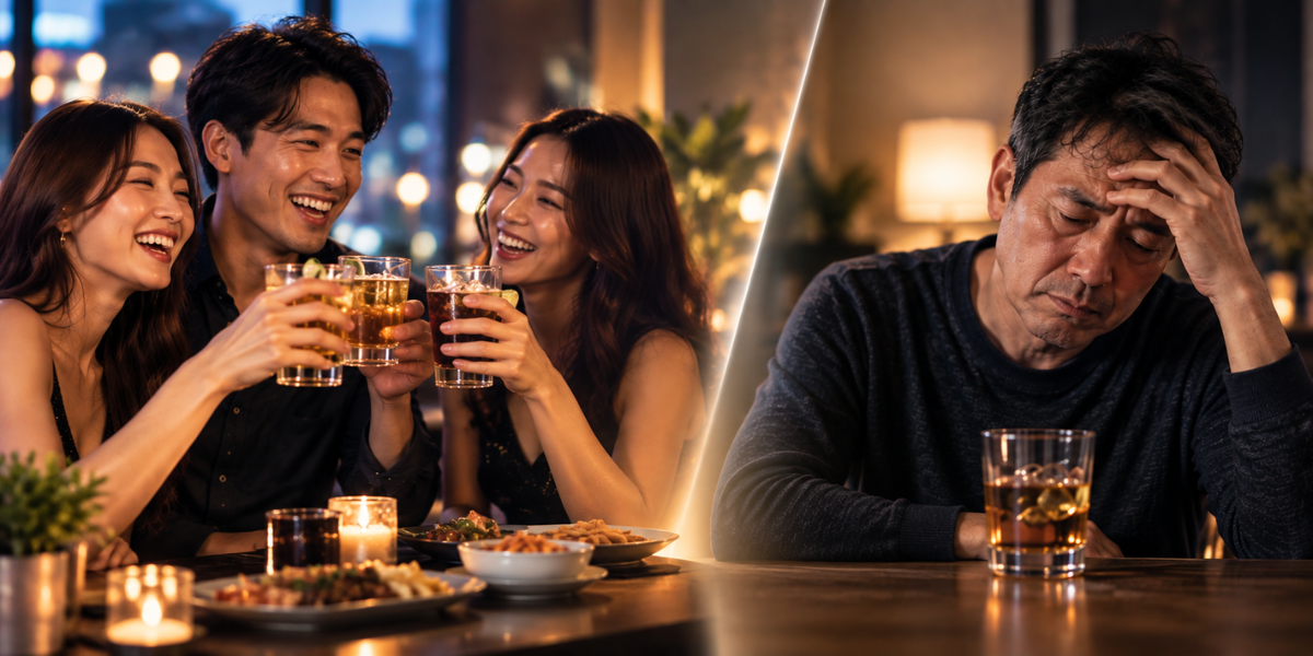 How age affects alcohol processing, showing younger adults drinking socially compared with an older adult experiencing alcohol sensitivity and discomfort.