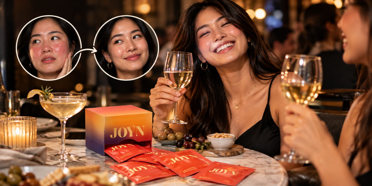 JOYN alcohol flush support supplement featured on a restaurant table beside wine, snacks, and friends enjoying a night out, with a visual comparison of flushed and clearer facial skin.